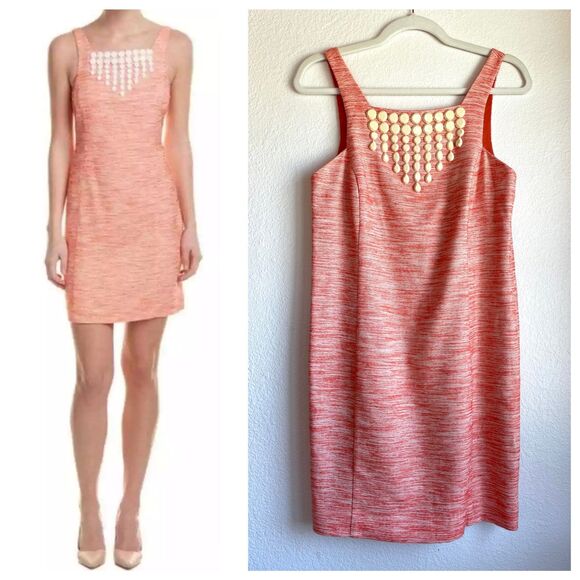 NWT Trina Turk Clementine Linen Blend Beaded Shift Dress in Kumquat Coral Pink 4 - Picture 1 of 14